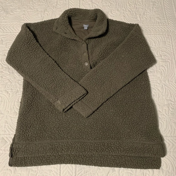 Aerie xs green teddy bear Sherpa sweater pullover olive army snap - Picture 7 of 7